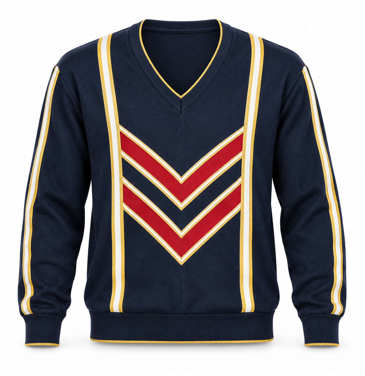  the GABICCI navy chevron V-neck knit jumper in UK size L. Stylish striped sleeves, retro colour-block detailing, and comfortable everyday fit.