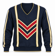 the GABICCI navy chevron V-neck knit jumper in UK size L. Stylish striped sleeves, retro colour-block detailing, and comfortable everyday fit.