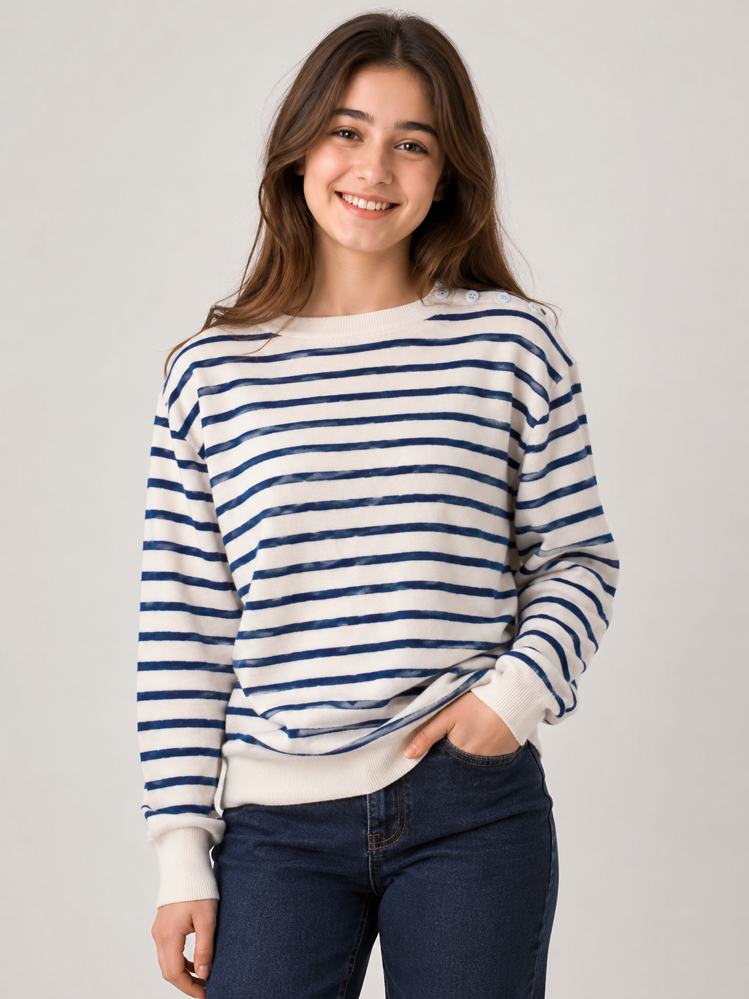 GALERIES LAFAYETTE cream and navy striped knit jumper, UK Size 01. Classic long-sleeve design with shoulder button detailing, perfect for stylish everyday outfits.