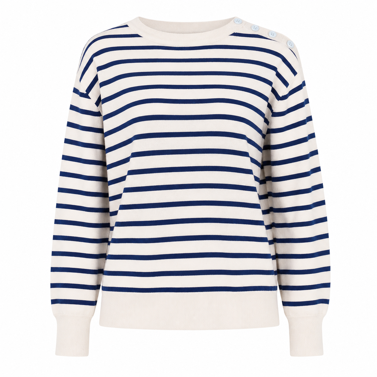 GALERIES LAFAYETTE cream and navy striped knit jumper, UK Size 01. Classic long-sleeve design with shoulder button detailing, perfect for stylish everyday outfits.