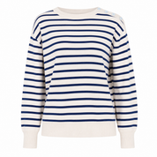 GALERIES LAFAYETTE cream and navy striped knit jumper, UK Size 01. Classic long-sleeve design with shoulder button detailing, perfect for stylish everyday outfits.
