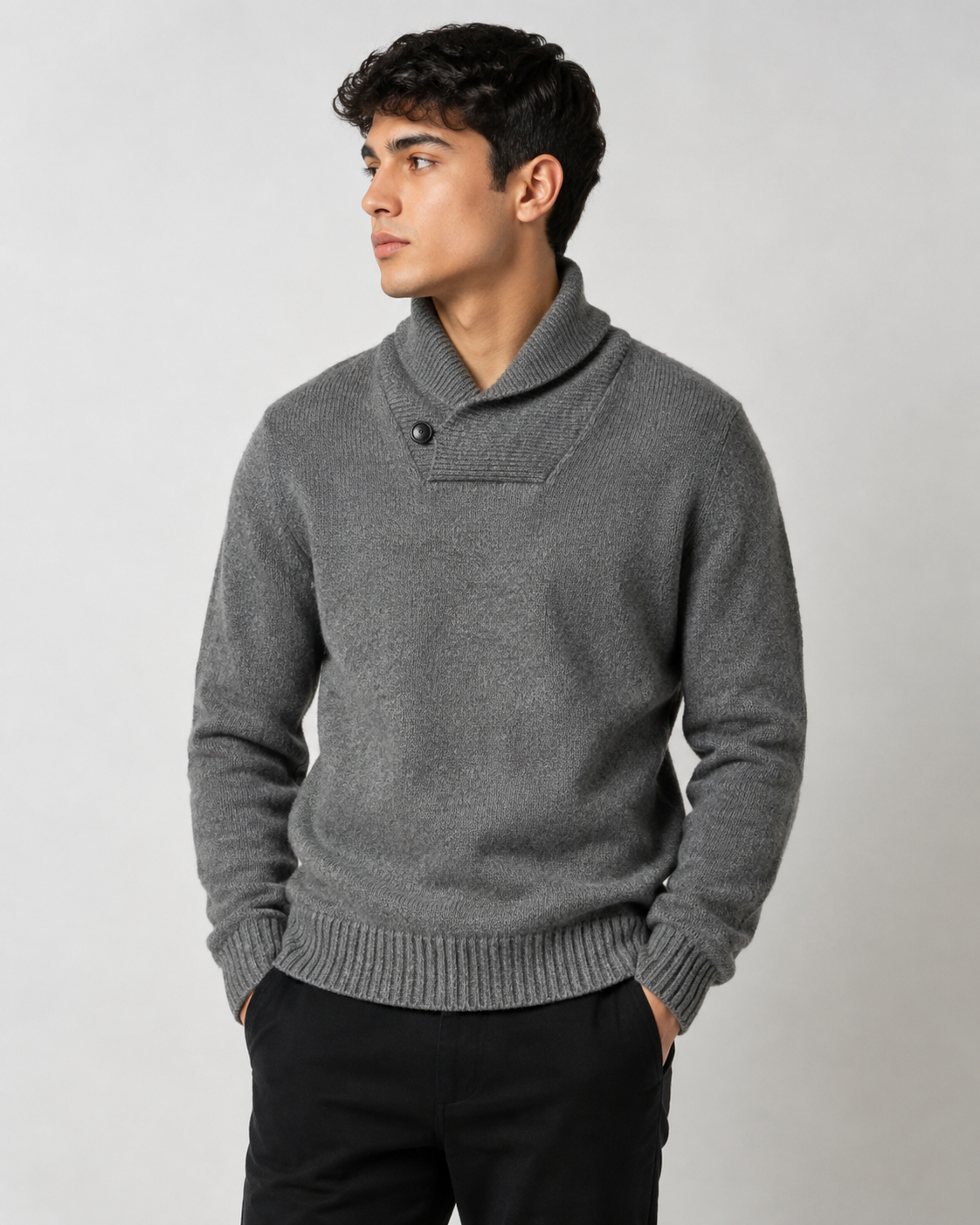 GAP men's grey knit sweater in UK Size S. Features a stylish shawl collar, button detail, long sleeves and ribbed trims. Perfect for casual and smart-casual winter outfits.