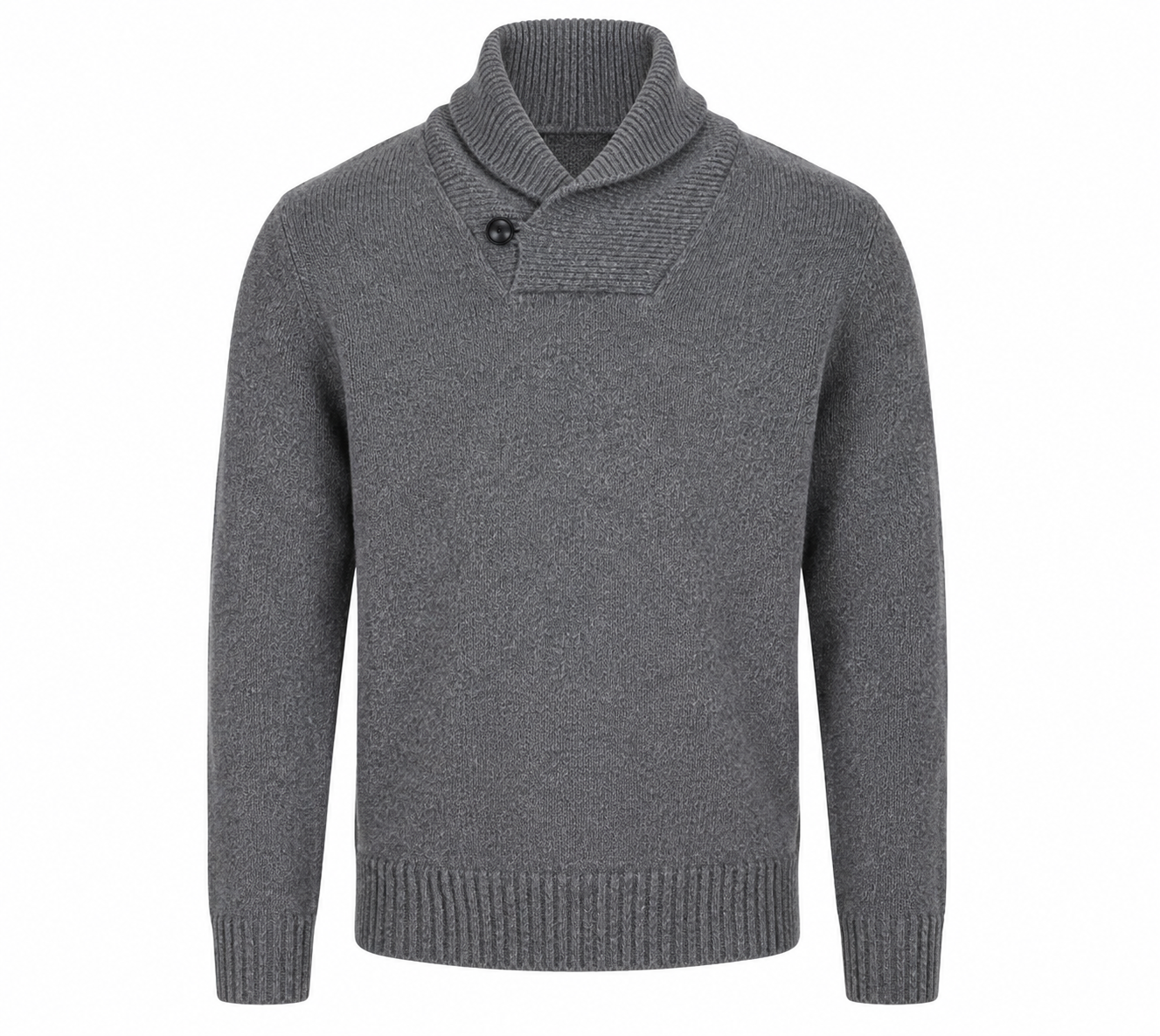 GAP men's grey knit sweater in UK Size S. Features a stylish shawl collar, button detail, long sleeves and ribbed trims. Perfect for casual and smart-casual winter outfits.