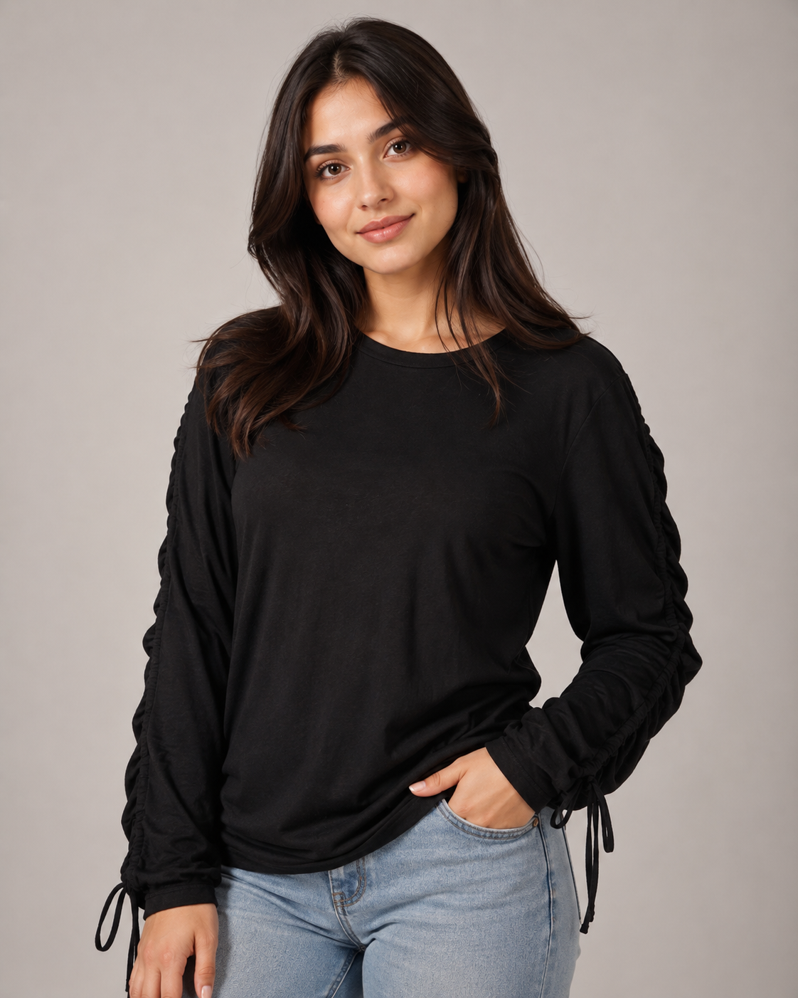  GAP Women’s Black Long Sleeve Top in UK Size L. Featuring stylish ruched sleeves and tie details, perfect for casual everyday and smart-casual outfits.
