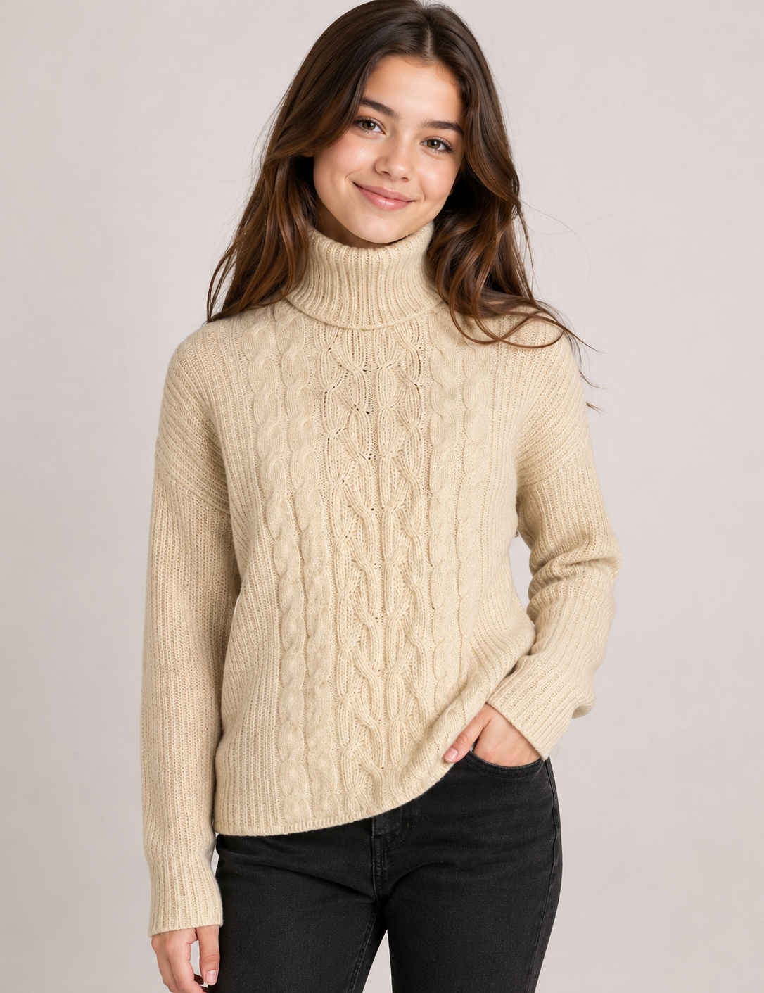  GAP women’s cream cable knit turtleneck sweater in UK size XS. Cozy long-sleeve design with timeless cable-knit texture, perfect for autumn and winter outfits.