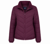  GAP Women's Burgundy Quilted Puffer Jacket from UK HandPicked. Lightweight, warm, and stylish with a quilted design and full zip closure. Perfect for autumn and winter everyday wear.