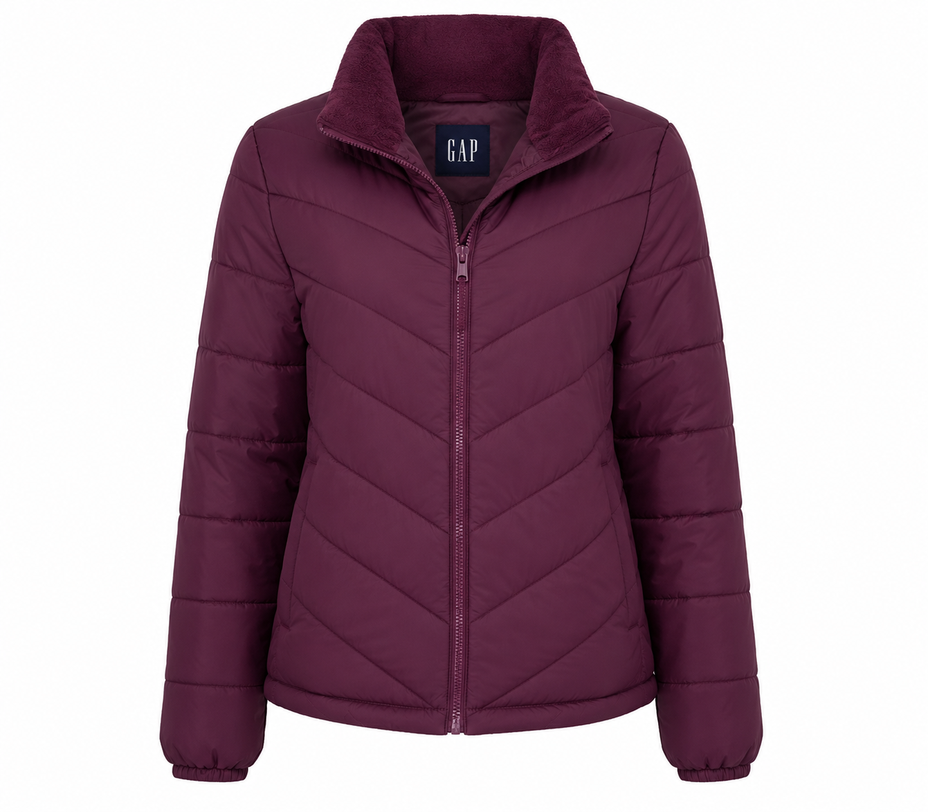  GAP Women's Burgundy Quilted Puffer Jacket from UK HandPicked. Lightweight, warm, and stylish with a quilted design and full zip closure. Perfect for autumn and winter everyday wear.