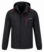 Gelert men’s black hooded outdoor jacket in UK size L. Lightweight design with red zip details, adjustable hood and practical zipped pocket.