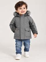 GEORGE Baby Boys Grey Hooded Winter Parka Jacket with Faux Fur Trim