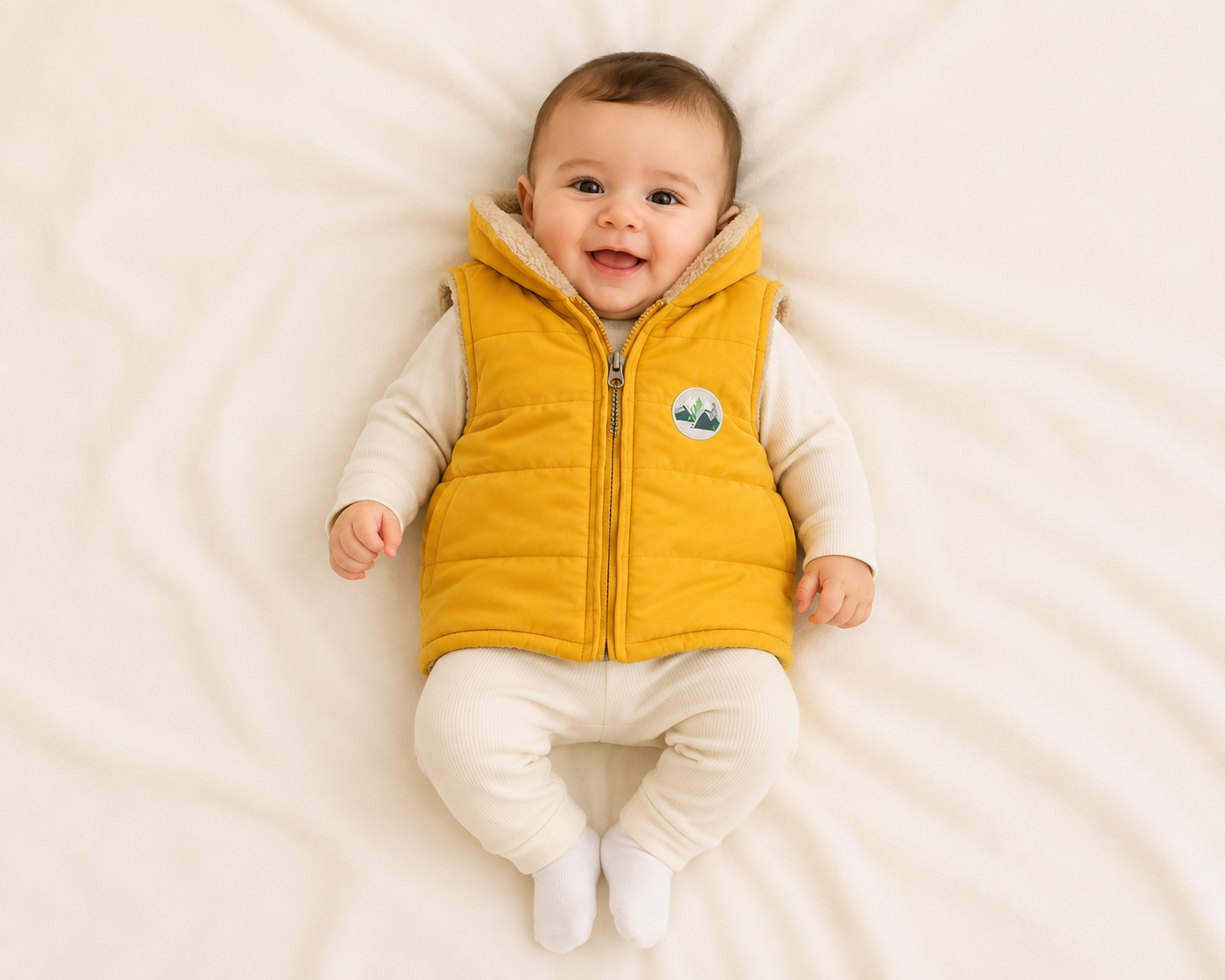 George baby boys mustard yellow quilted gilet, UK 6–9 months, featuring a cosy sherpa-lined collar, padded design and front zip. Stylish and warm.