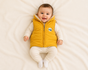 George baby boys mustard yellow quilted gilet, UK 6–9 months, featuring a cosy sherpa-lined collar, padded design and front zip. Stylish and warm.