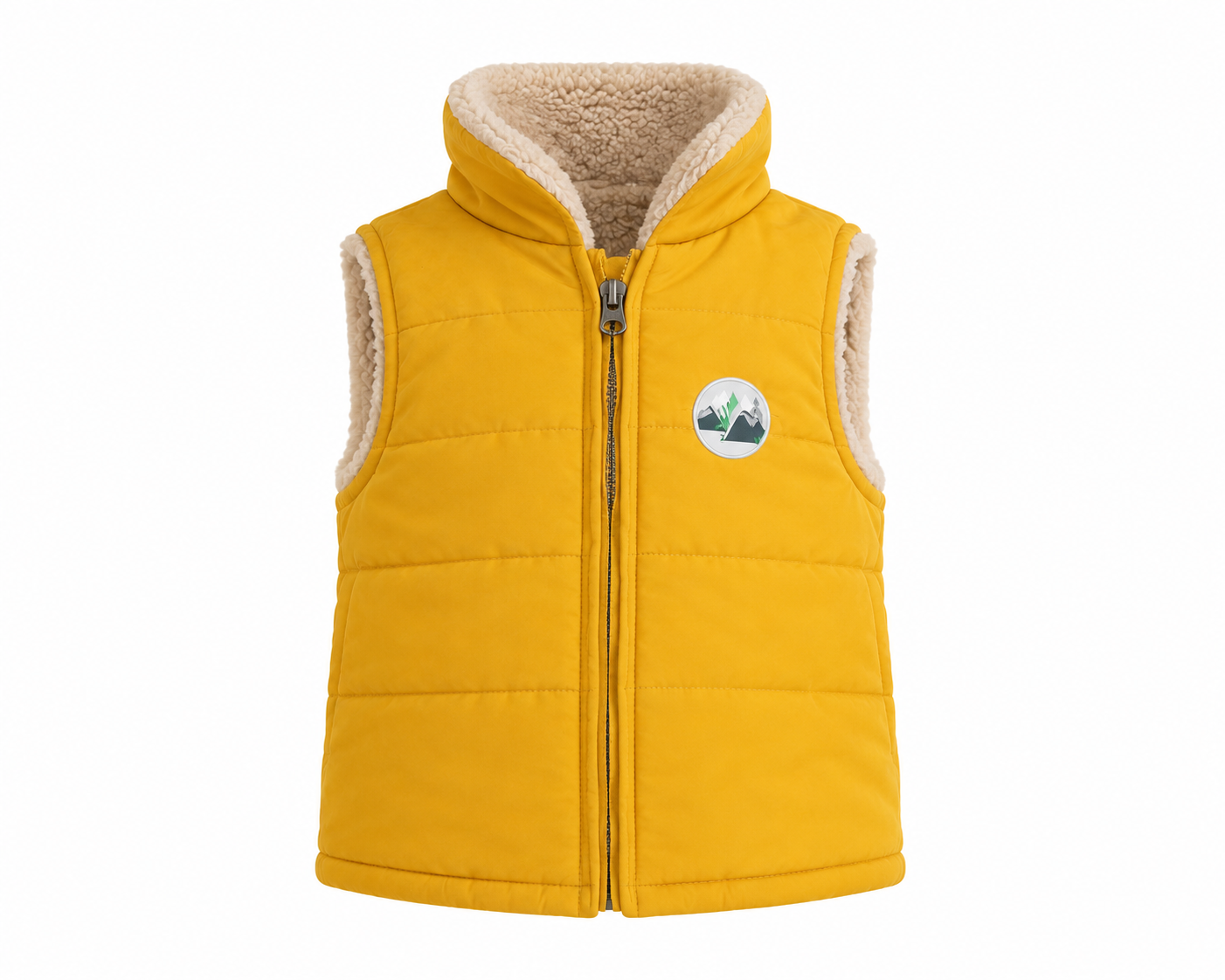 George baby boys mustard yellow quilted gilet, UK 6–9 months, featuring a cosy sherpa-lined collar, padded design and front zip. Stylish and warm.