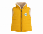 George baby boys mustard yellow quilted gilet, UK 6–9 months, featuring a cosy sherpa-lined collar, padded design and front zip. Stylish and warm.