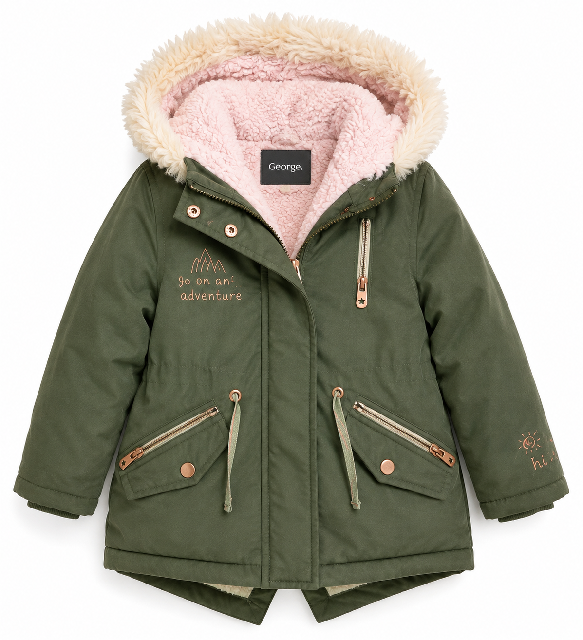 Keep your little one cosy with this George Baby Girls Olive Green Faux Fur Hooded Winter Parka Jacket for ages 3–4 years. Soft fleece lining, warm hood, stylish design, and UK handpicked quality.