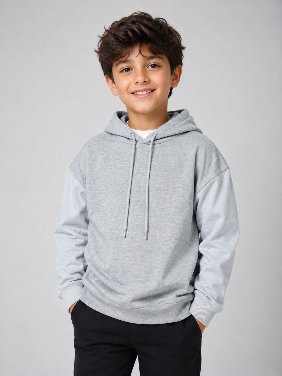 George Boys Grey & White Colour Block Hoodie, UK Size 8–10 Years. Comfortable pullover design with drawstring hood, long sleeves and ribbed cuffs, perfect for everyday casual wear.