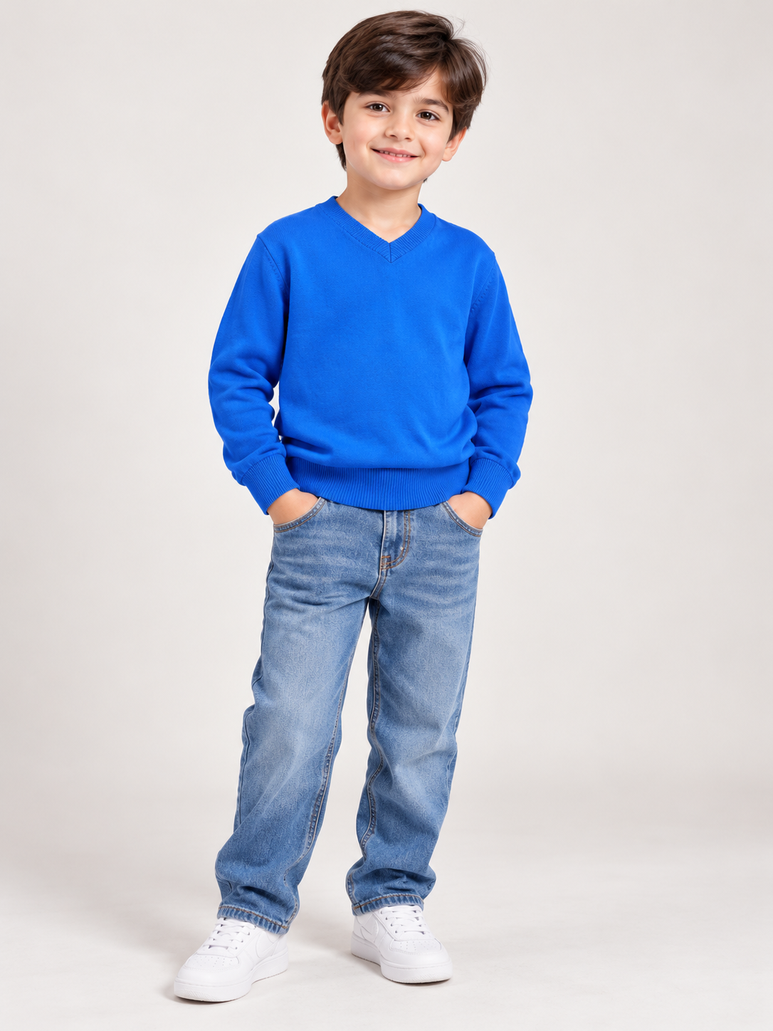 GEORGE Boys Royal Blue V-Neck Knitted Jumper, UK 5–6 Years. Stylish long-sleeve sweater with ribbed cuffs, perfect for casual and smart outfits.