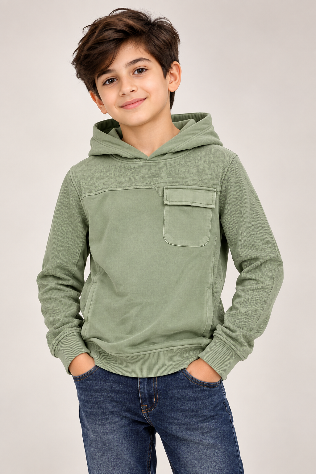  George Boys Sage Green Utility Hoodie in UK Size 10–11 Years. Stylish hooded design with chest pocket, long sleeves and ribbed trims.