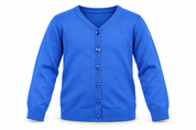   George girls’ blue knitted cardigan, UK size 11–12 years, featuring a V-neck, button-up front, long sleeves and ribbed trims.