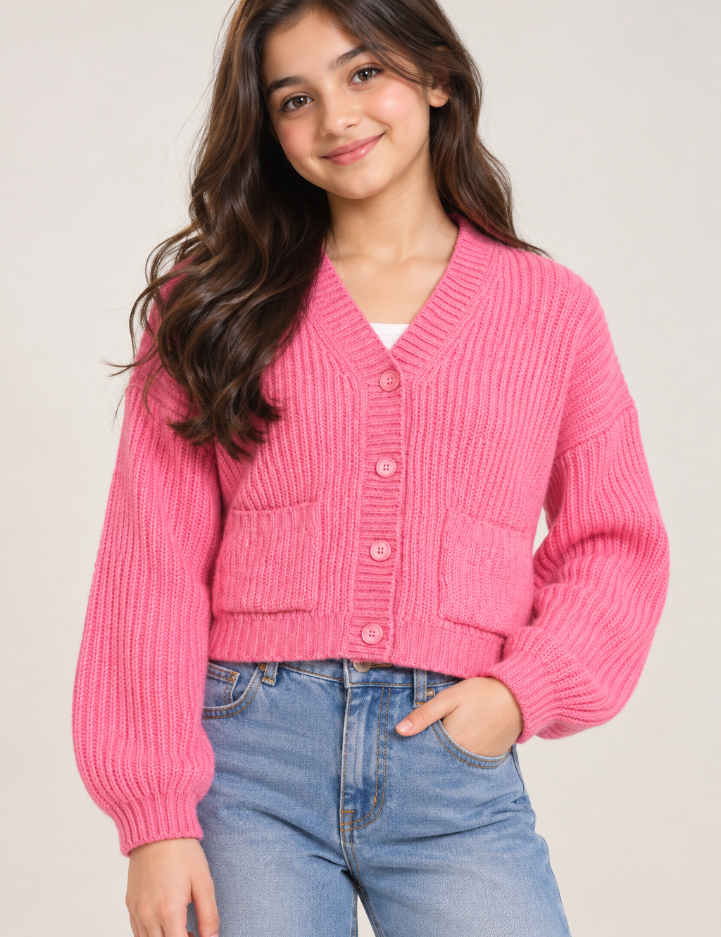  George girls pink cropped knitted cardigan in UK size 11-12 years. Features a V-neck, button front, long sleeves and patch pockets.