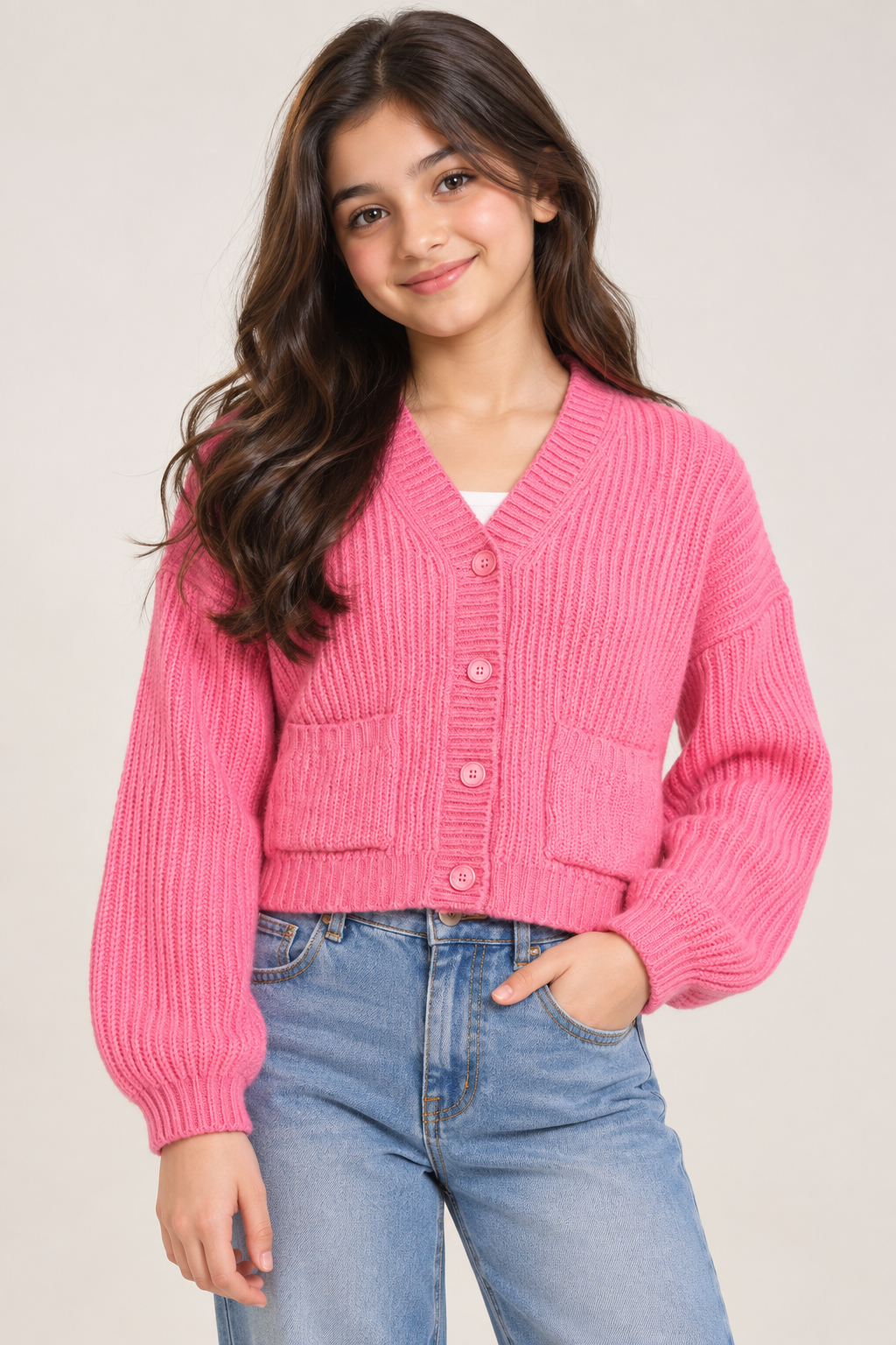  George girls pink cropped knitted cardigan in UK size 11-12 years. Features a V-neck, button front, long sleeves and patch pockets.
