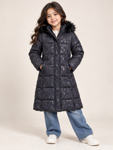 GEORGE Girls Leopard Print Long Puffer Winter Coat with Faux Fur Hood