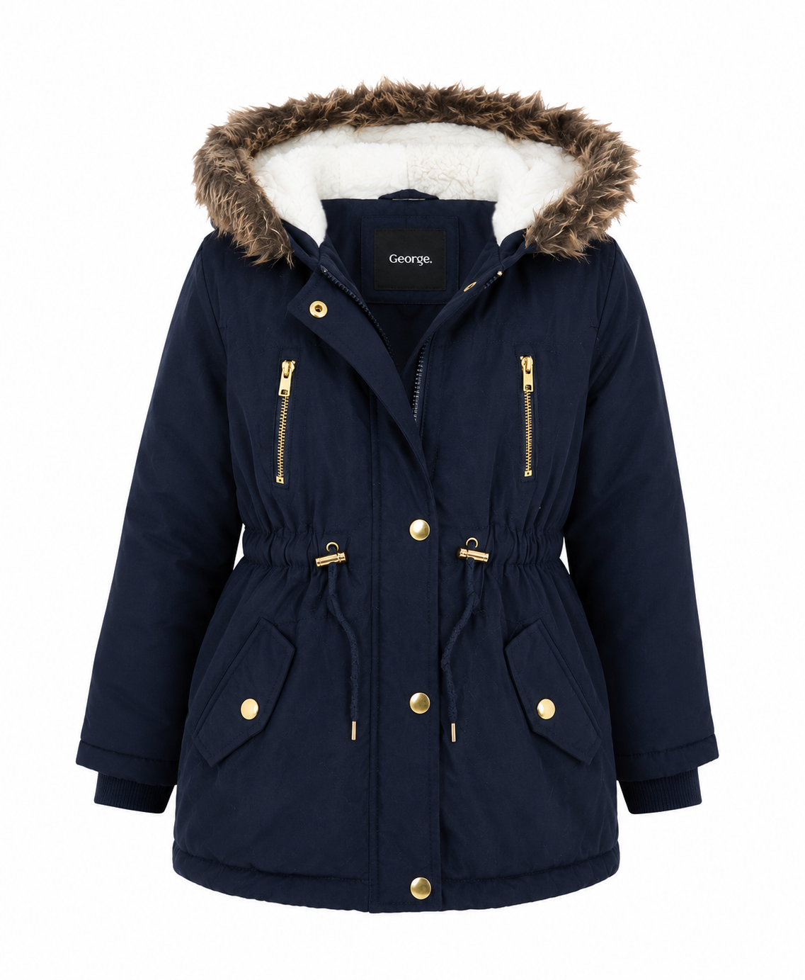  George Girls Navy Faux Fur Hooded Parka Jacket. Warm fleece lining, faux fur hood, adjustable waist, and stylish winter design for girls. Perfect for everyday cold-weather wear.