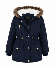  George Girls Navy Faux Fur Hooded Parka Jacket. Warm fleece lining, faux fur hood, adjustable waist, and stylish winter design for girls. Perfect for everyday cold-weather wear.