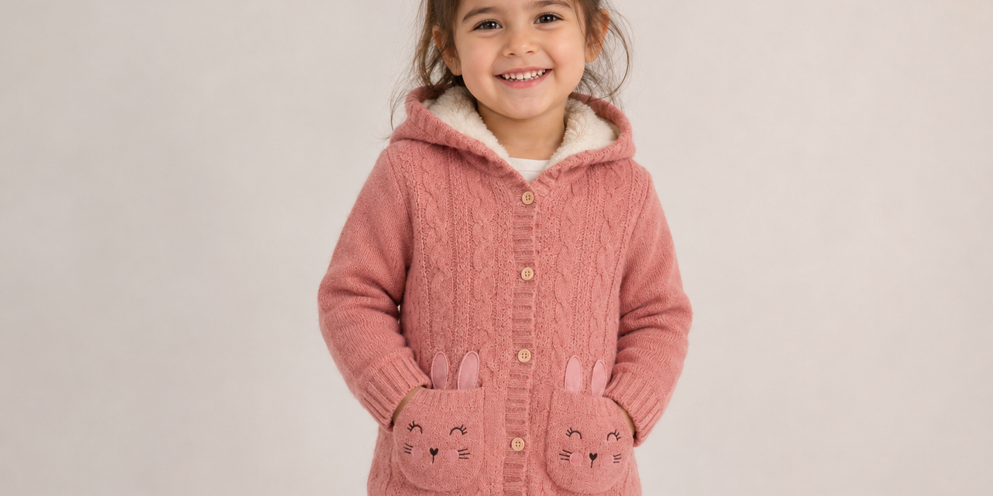 GEORGE girls pink hooded knit cardigan in UK 3-4 years. Cosy cable-knit design with fleece-lined hood, button fastening and cute bunny pockets.