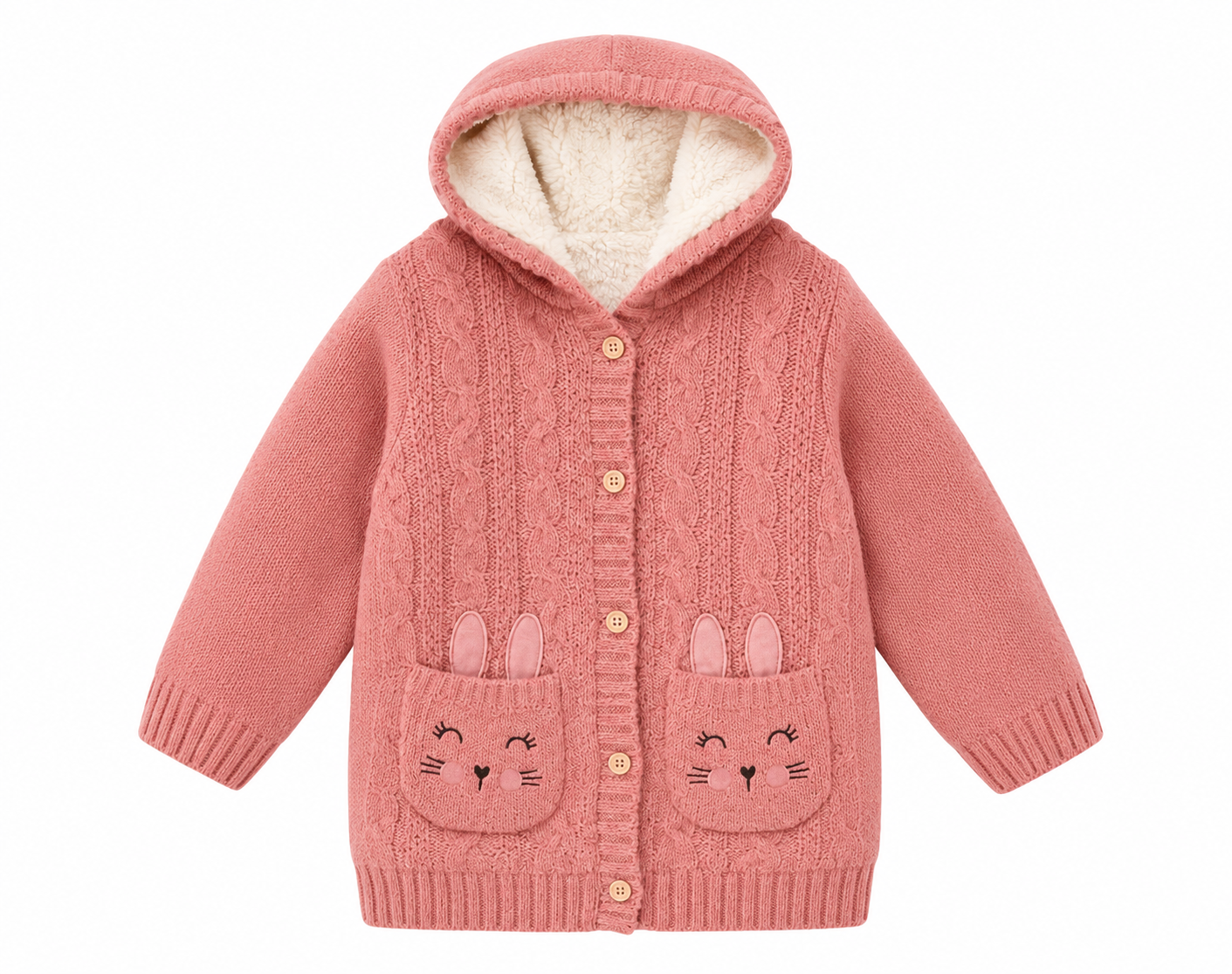 GEORGE girls pink hooded knit cardigan in UK 3-4 years. Cosy cable-knit design with fleece-lined hood, button fastening and cute bunny pockets.