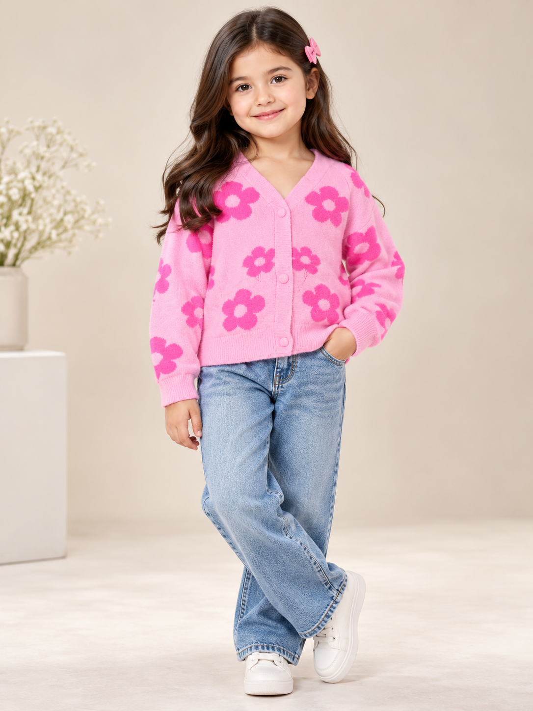George Girls Pink Floral Knitted Cardigan in UK Size 6–7 Years. Soft, cosy V-neck button-up cardigan with cute flower prints for everyday wear.