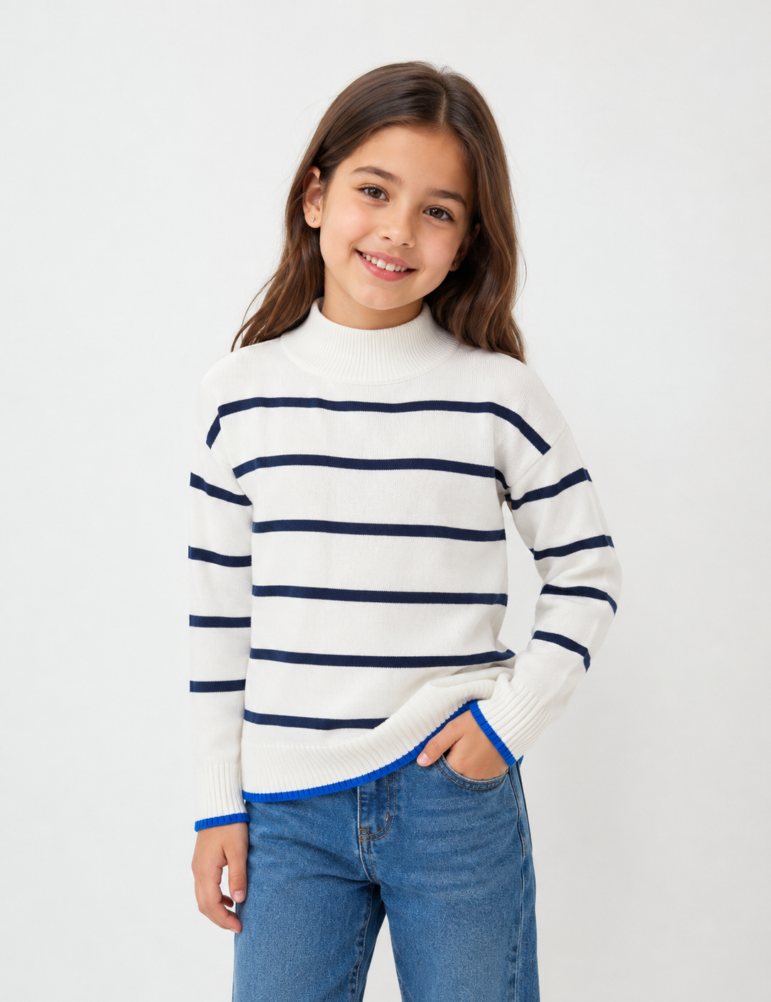  George Girls White & Navy Striped Turtleneck Sweater in UK Size S. Stylish ribbed knit design with blue trim, perfect for casual and everyday wear.