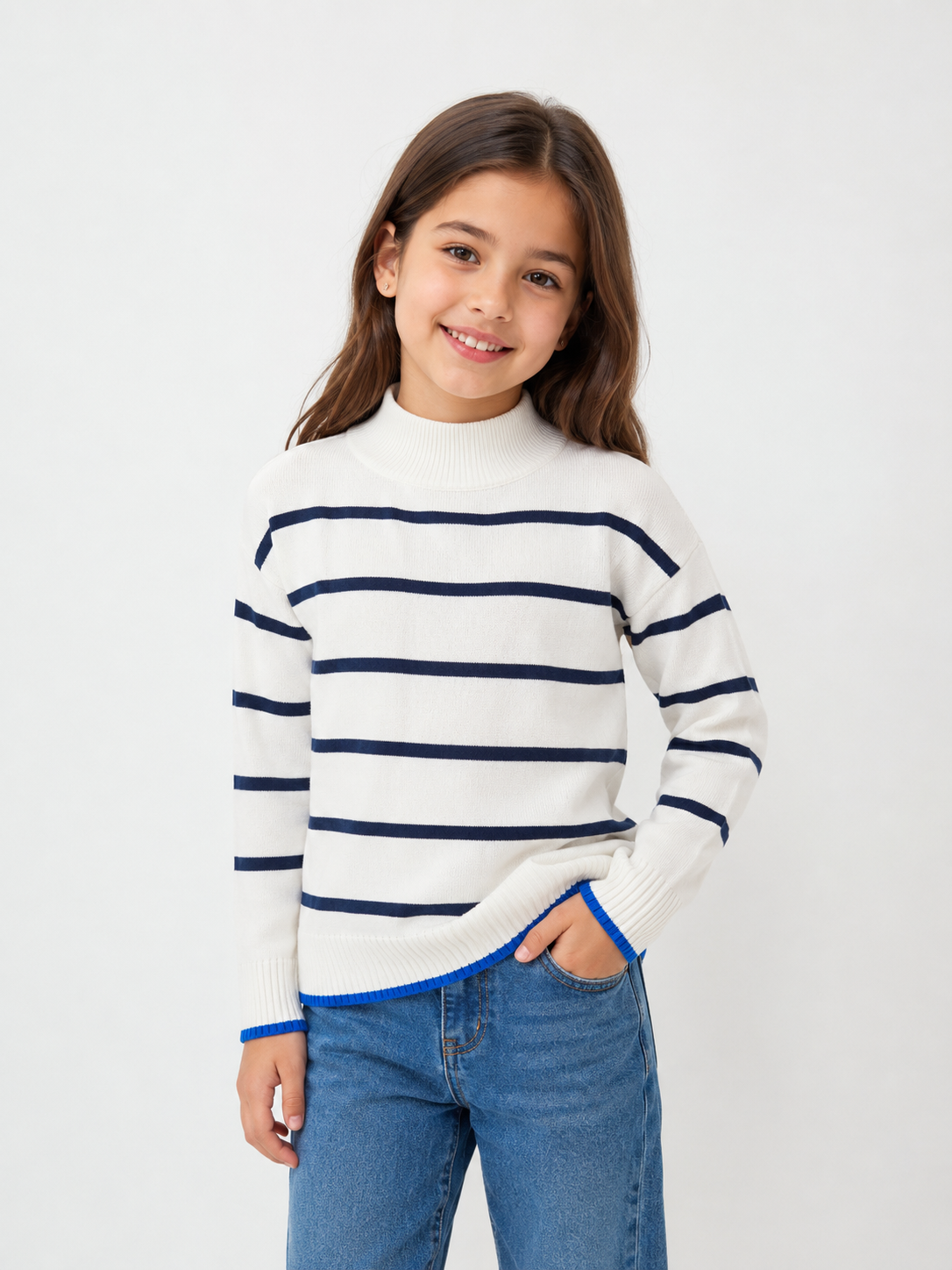  George Girls White & Navy Striped Turtleneck Sweater in UK Size S. Stylish ribbed knit design with blue trim, perfect for casual and everyday wear.