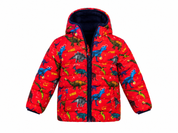  GEORGE red dinosaur print puffer jacket for toddlers, UK size 1.5–2 years. Warm padded design with hood, zip fastening and fun dinosaur print.