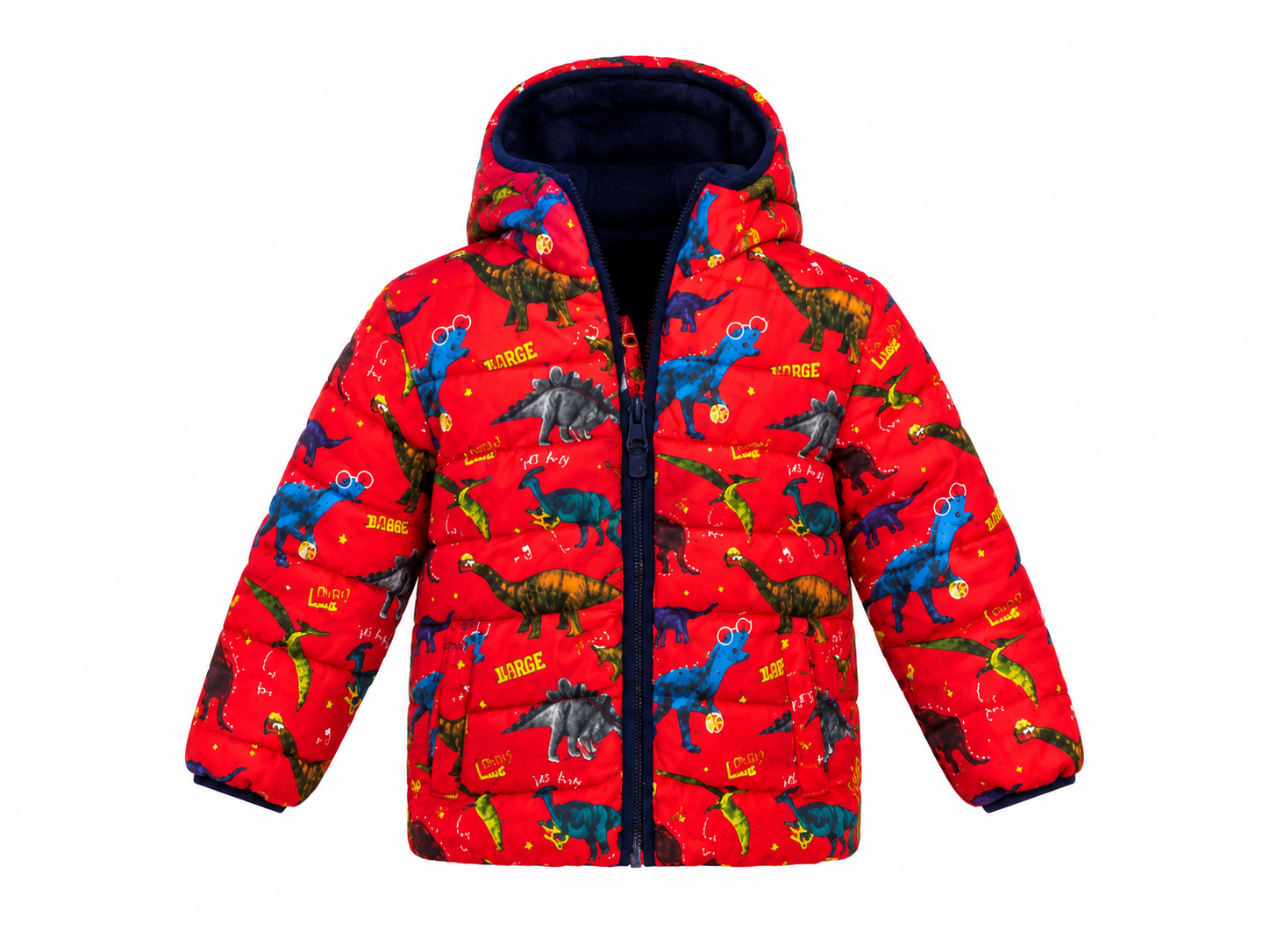  GEORGE red dinosaur print puffer jacket for toddlers, UK size 1.5–2 years. Warm padded design with hood, zip fastening and fun dinosaur print.