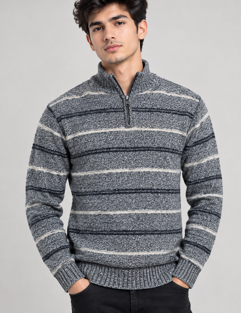George Men's Grey Striped Half-Zip Knit Sweater in UK Size M. Classic long-sleeve design with ribbed details, perfect for casual and everyday winter wear.