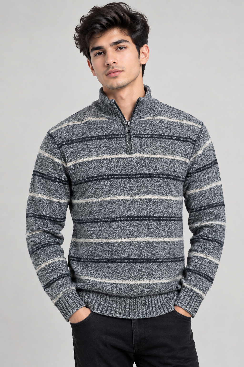 George Men's Grey Striped Half-Zip Knit Sweater in UK Size M. Classic long-sleeve design with ribbed details, perfect for casual and everyday winter wear.