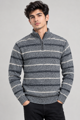 George Men Grey Striped Half-Zip Knit Sweater