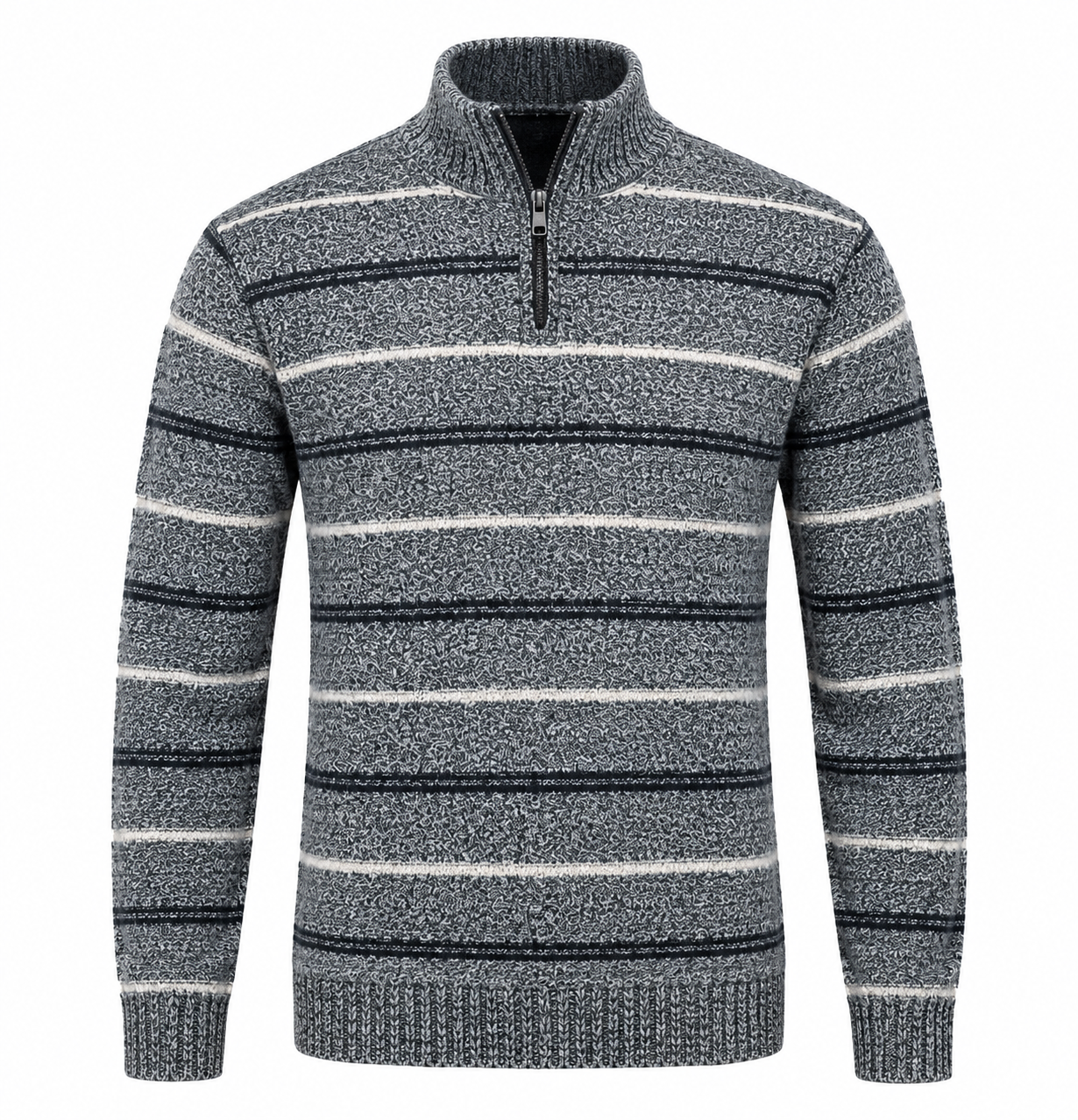 George Men's Grey Striped Half-Zip Knit Sweater in UK Size M. Classic long-sleeve design with ribbed details, perfect for casual and everyday winter wear.
