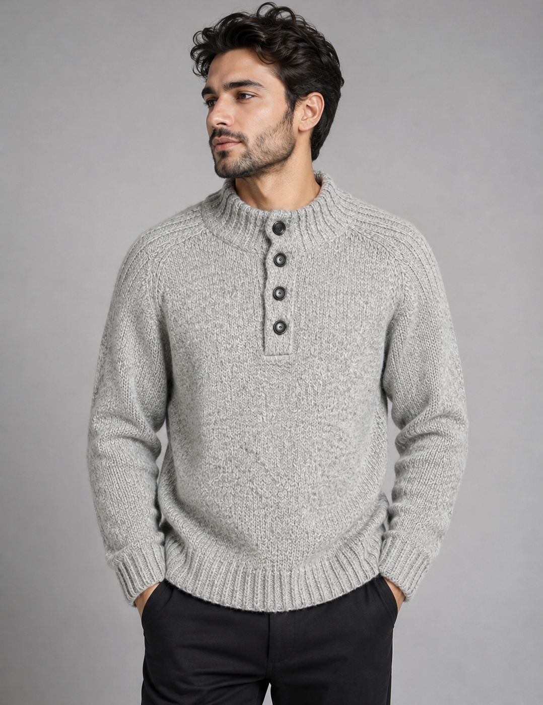 George men’s chunky knit jumper in grey brown, UK XL. Features a button neck, textured knit, long sleeves and ribbed cuffs. Ideal for autumn and winter.