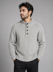 George men’s chunky knit jumper in grey brown, UK XL. Features a button neck, textured knit, long sleeves and ribbed cuffs. Ideal for autumn and winter.