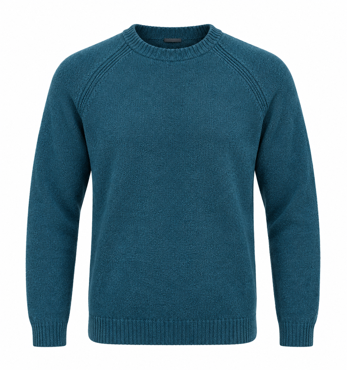 men’s teal blue knitted crew neck jumper in UK Size L. Stylish long-sleeve sweater with ribbed cuffs and hem, perfect for casual everyday wear.
