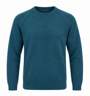 men’s teal blue knitted crew neck jumper in UK Size L. Stylish long-sleeve sweater with ribbed cuffs and hem, perfect for casual everyday wear.