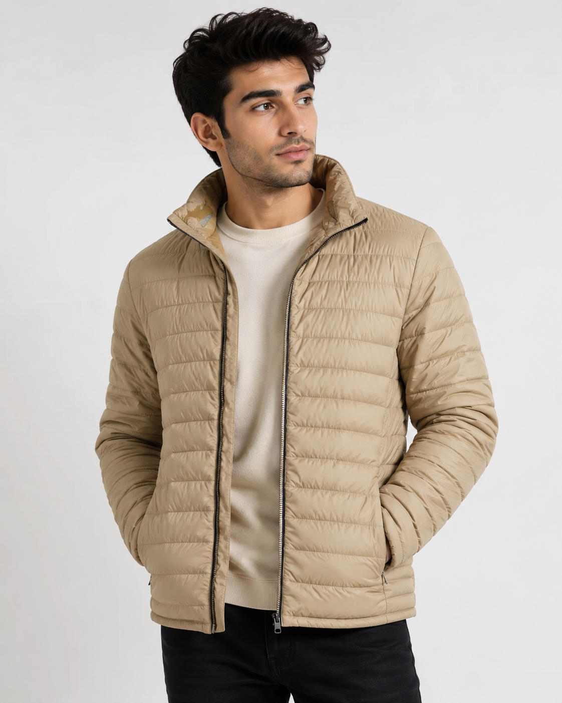  George Men's Beige Lightweight Quilted Puffer Jacket. Full zip, lightweight padded winter coat with zip pockets. Premium UK quality outerwear.