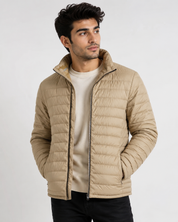  George Men's Beige Lightweight Quilted Puffer Jacket. Full zip, lightweight padded winter coat with zip pockets. Premium UK quality outerwear.