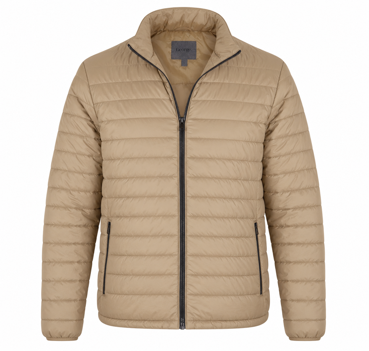 George Men's Beige Lightweight Quilted Puffer Jacket. Full zip, lightweight padded winter coat with zip pockets. Premium UK quality outerwear.