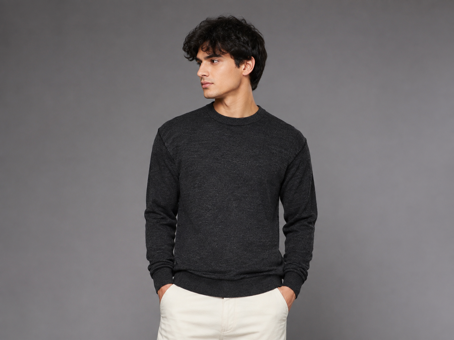   George men’s charcoal grey crew neck jumper, UK size L. Stylish long-sleeve knitted sweater with ribbed details, perfect for casual and smart-casual outfits.