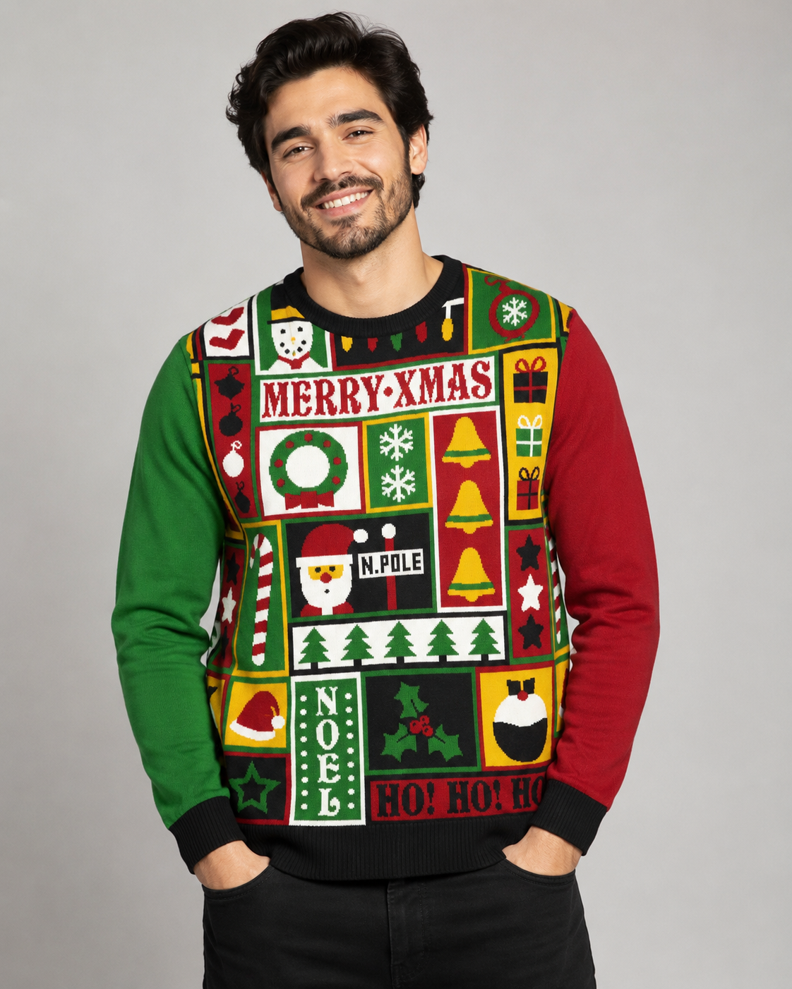   George Men's Christmas Jumper in UK XL, featuring a colourful red and green festive patchwork design with Santa, snowflakes, trees and Christmas motifs.