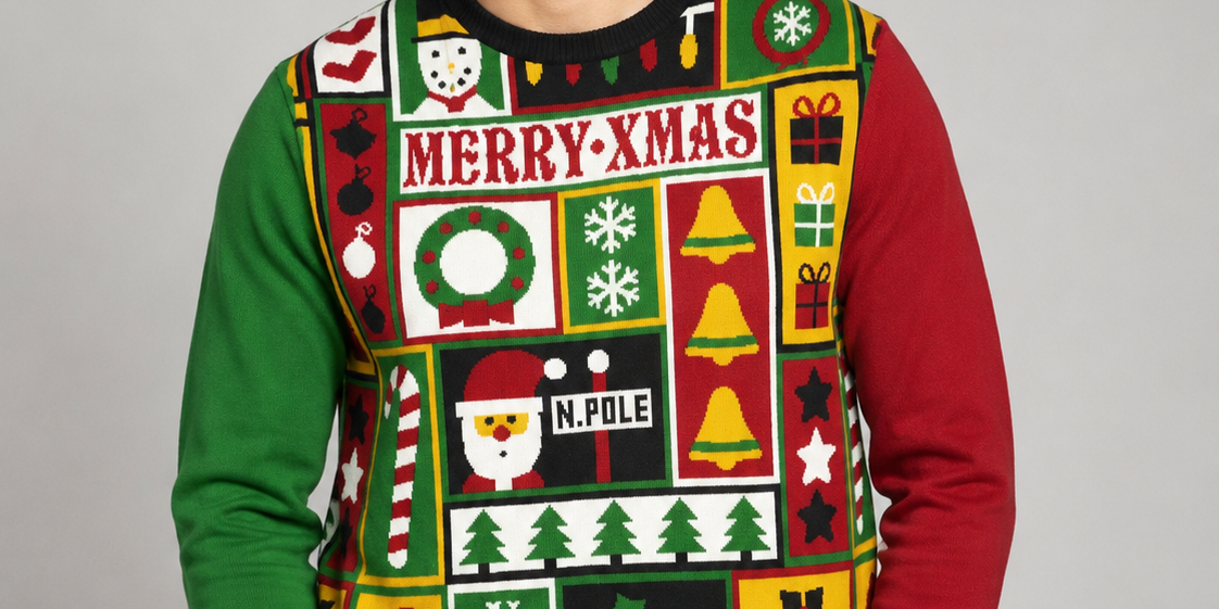   George Men's Christmas Jumper in UK XL, featuring a colourful red and green festive patchwork design with Santa, snowflakes, trees and Christmas motifs.