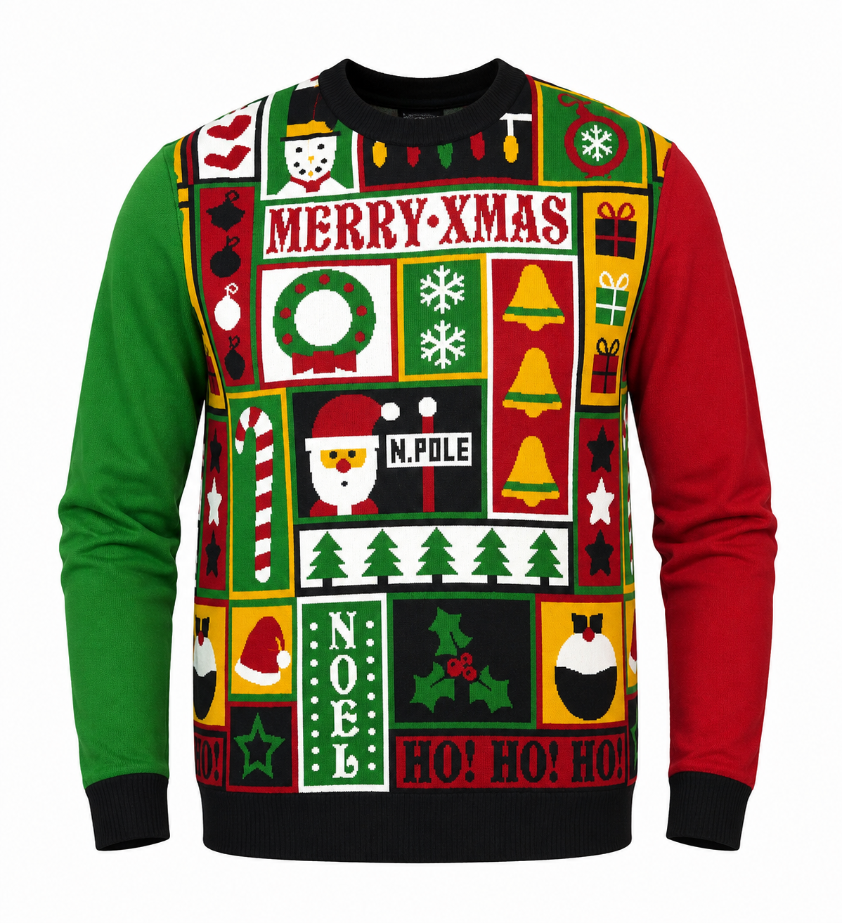  George Men's Christmas Jumper in UK XL, featuring a colourful red and green festive patchwork design with Santa, snowflakes, trees and Christmas motifs.