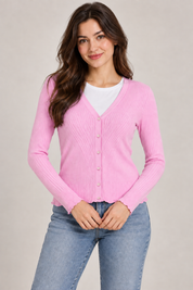   George pastel pink ribbed V-neck cardigan in UK Size S. A stylish button-front knit with long sleeves and a feminine wavy hem.
